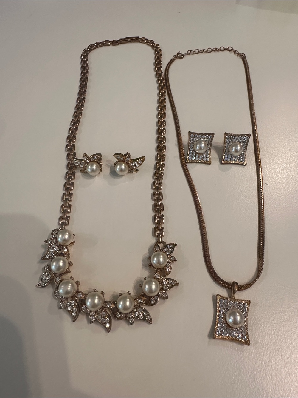 Gold-Tone Pearl and Crystal Statement Necklace Set